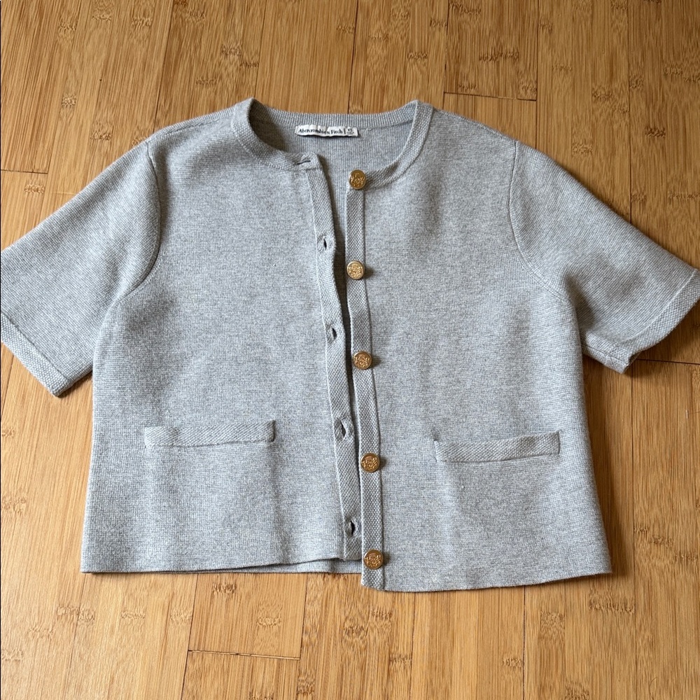 Abercrombie & Fitch Light Gray Short Sleeve Cardigan with Gold Buttons